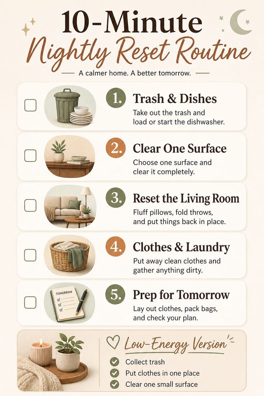 10-minute nightly reset routine checklist for a calmer morning