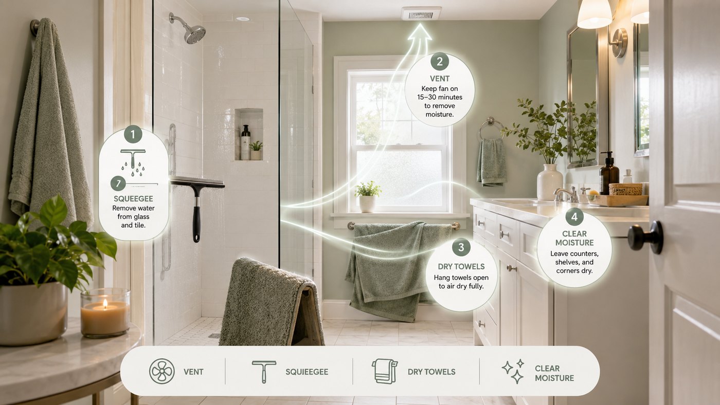 Bathroom drying routine visual showing venting, squeegee, dry towels, and moisture clearing after a shower