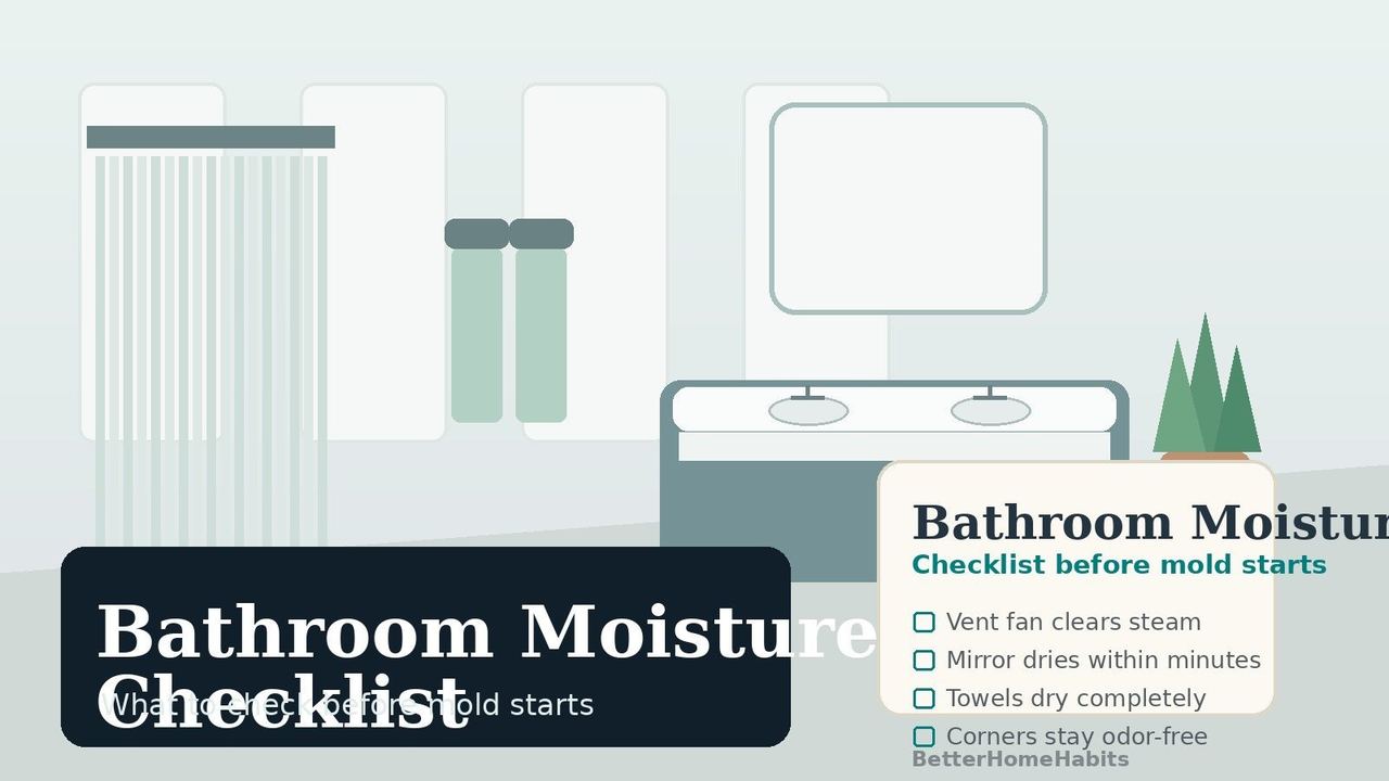 A bright bathroom with a moisture checklist and damp-control reminders