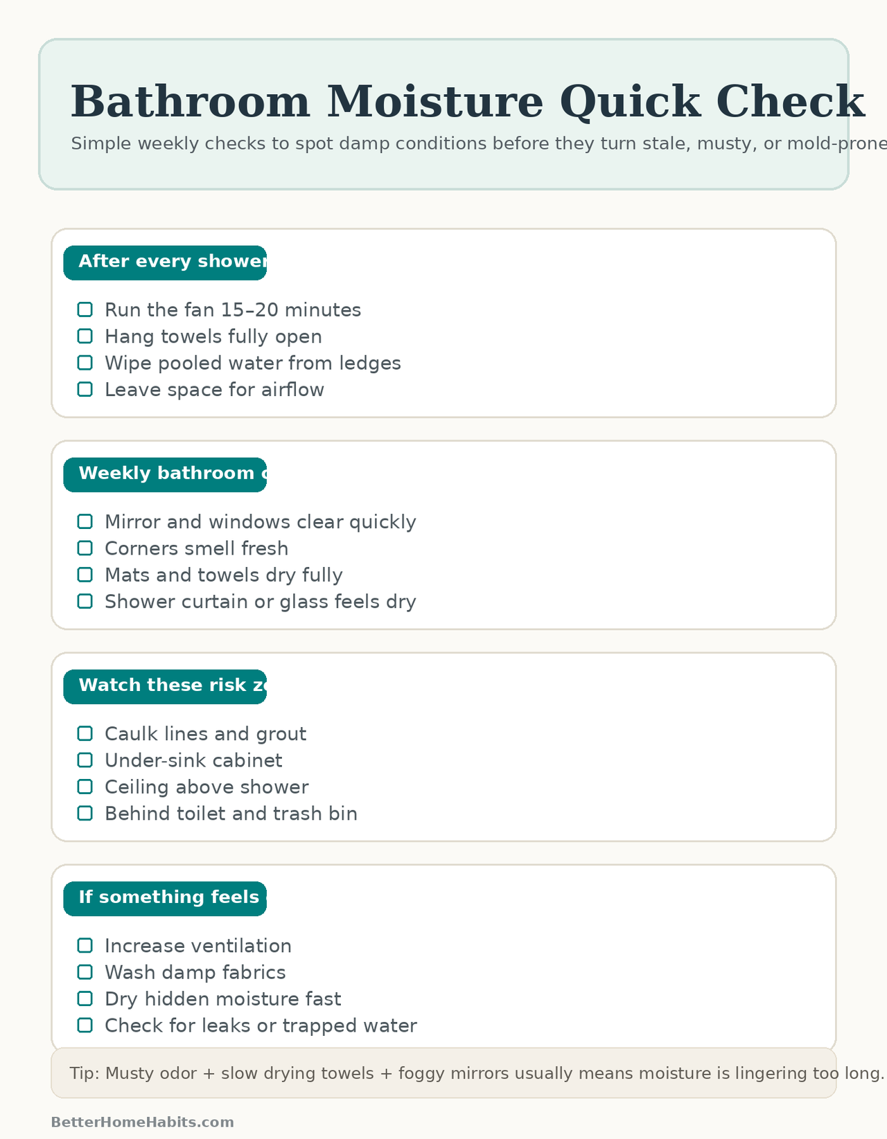 Printable bathroom moisture quick check sheet