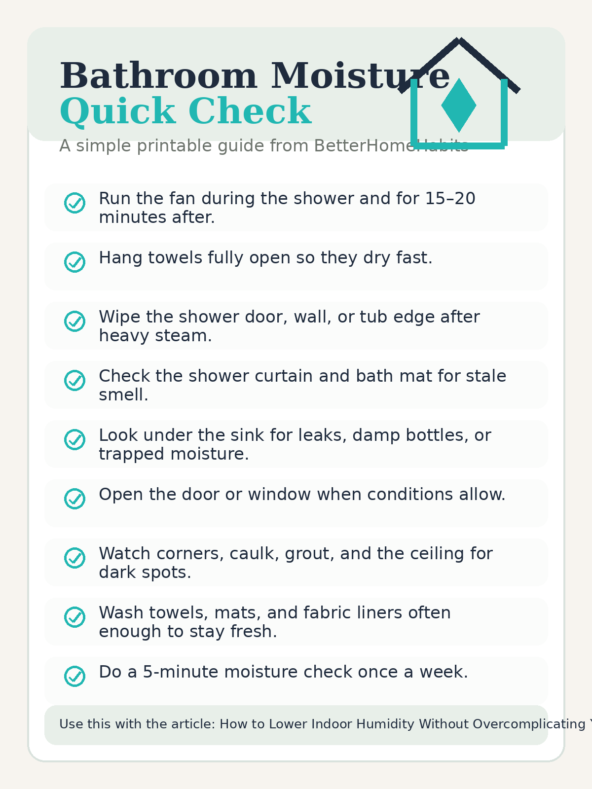 Bathroom Moisture Quick Check printable from BetterHomeHabits