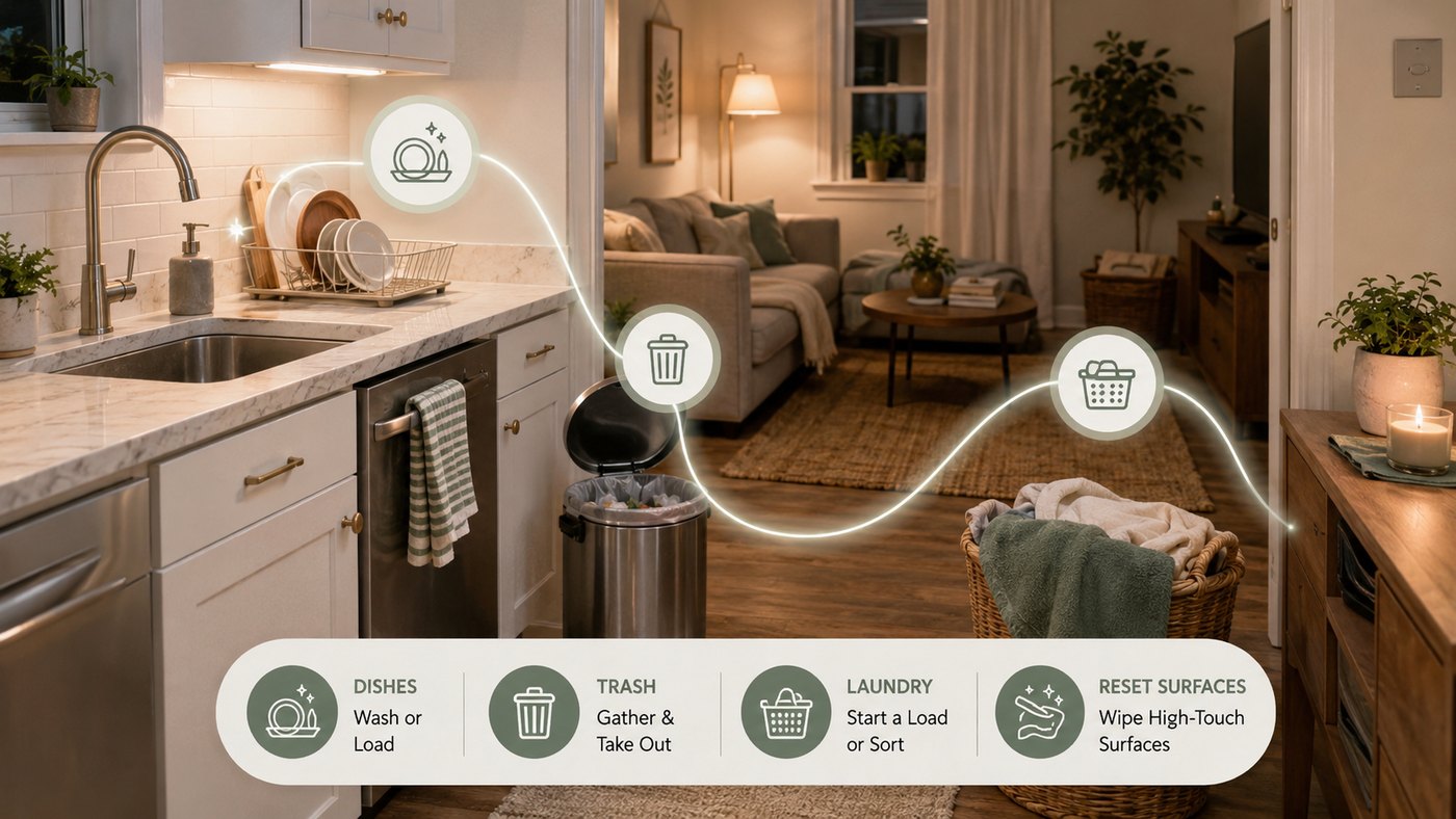 Low-energy cleaning reset visual showing dishes, trash, laundry, and high-touch surface tasks in a calm home