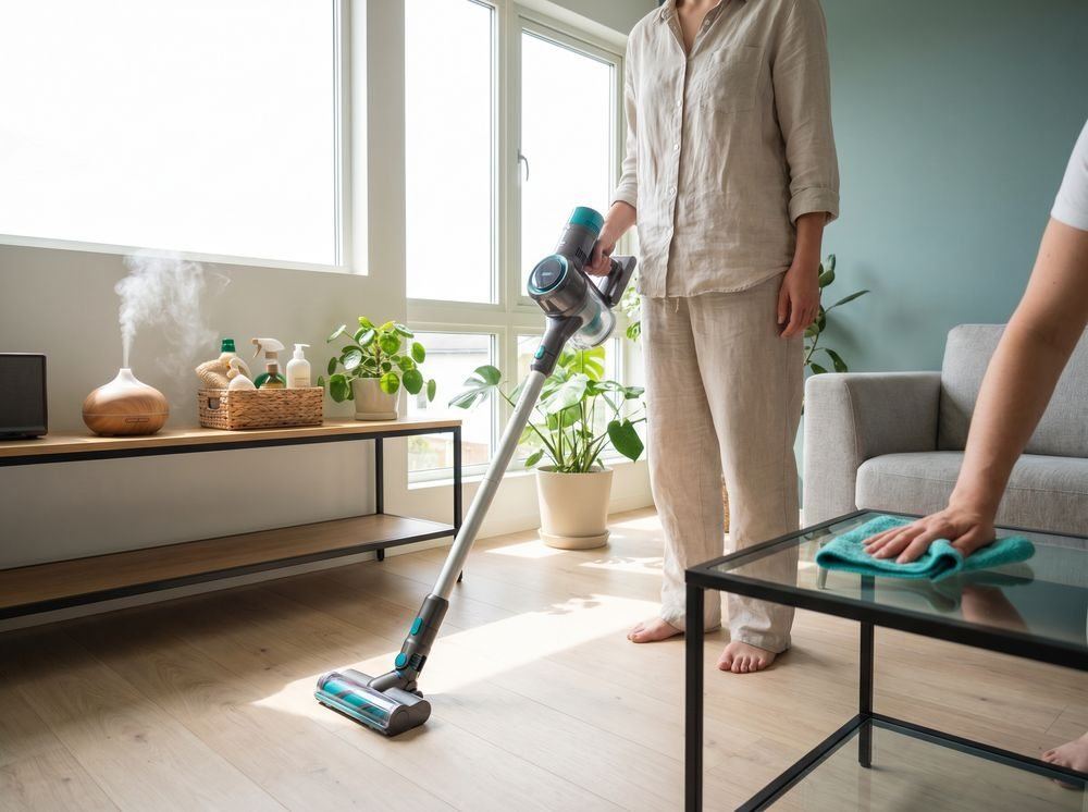 A person quickly wiping down a kitchen counter, illustrating the 'clean as you go' habit