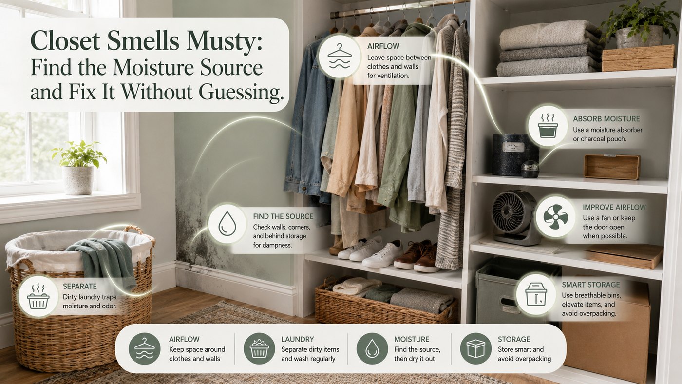 Musty closet diagnostic visual showing airflow, laundry, moisture source, absorber, and storage fixes