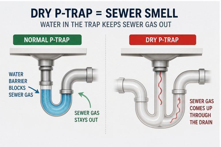 Dry P-trap bathroom sewer smell explanation