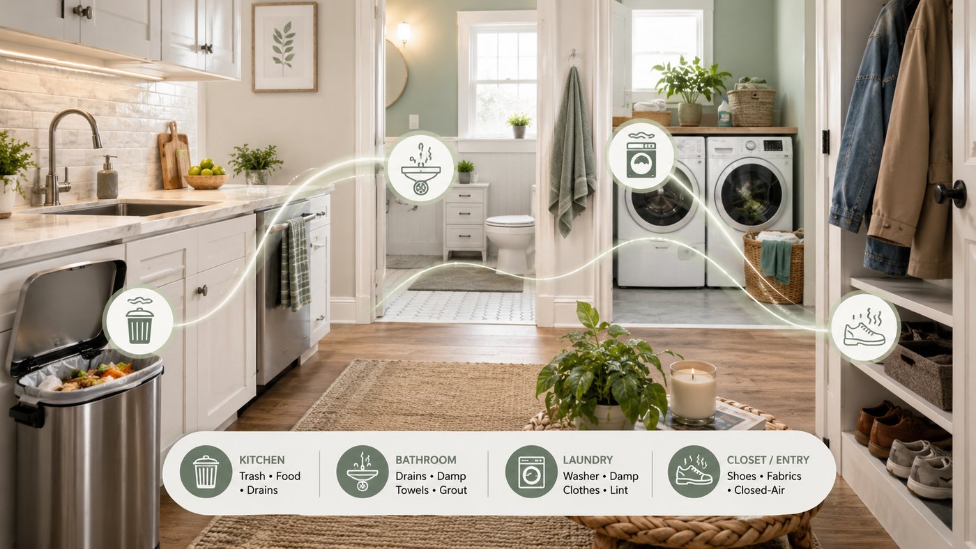 Infographic-style home odor source map showing kitchen, bathroom, laundry, and closet odor zones