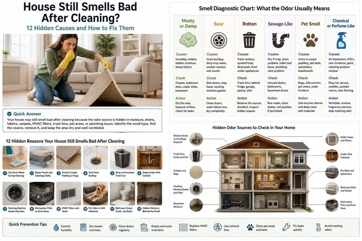 House smell diagnostic chart showing hidden odor causes after cleaning
