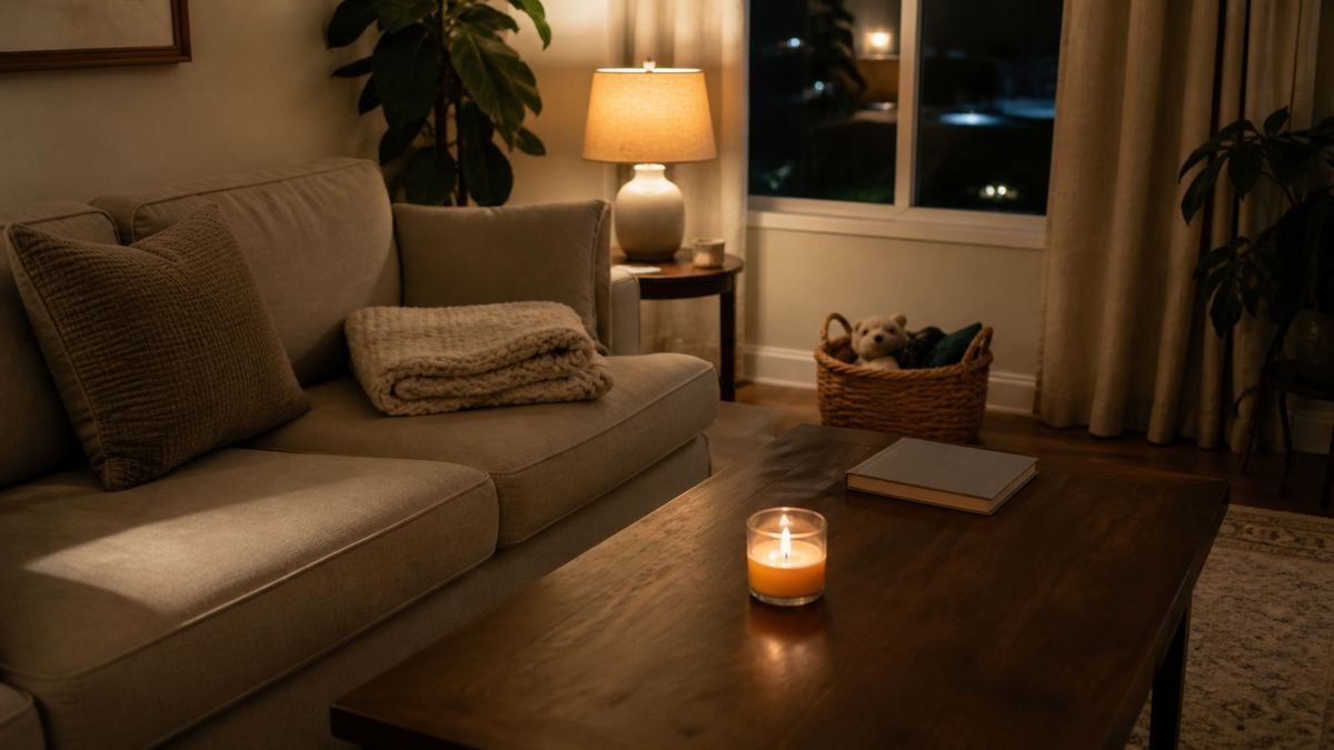 Low energy nightly reset with a basket blanket and cleared coffee table