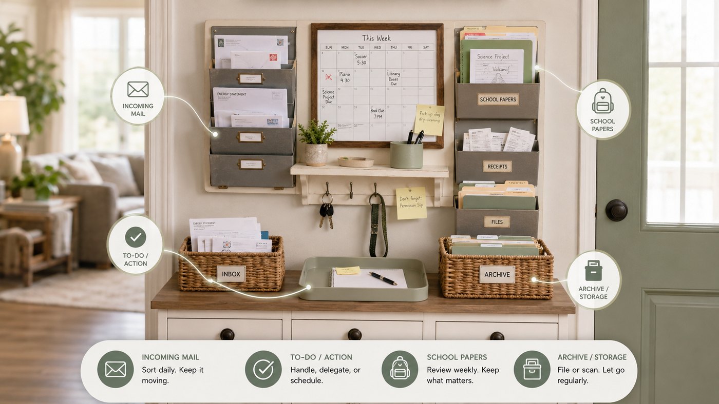 Organized home command center with mail, school papers, action tray, calendar, and archive storage zones