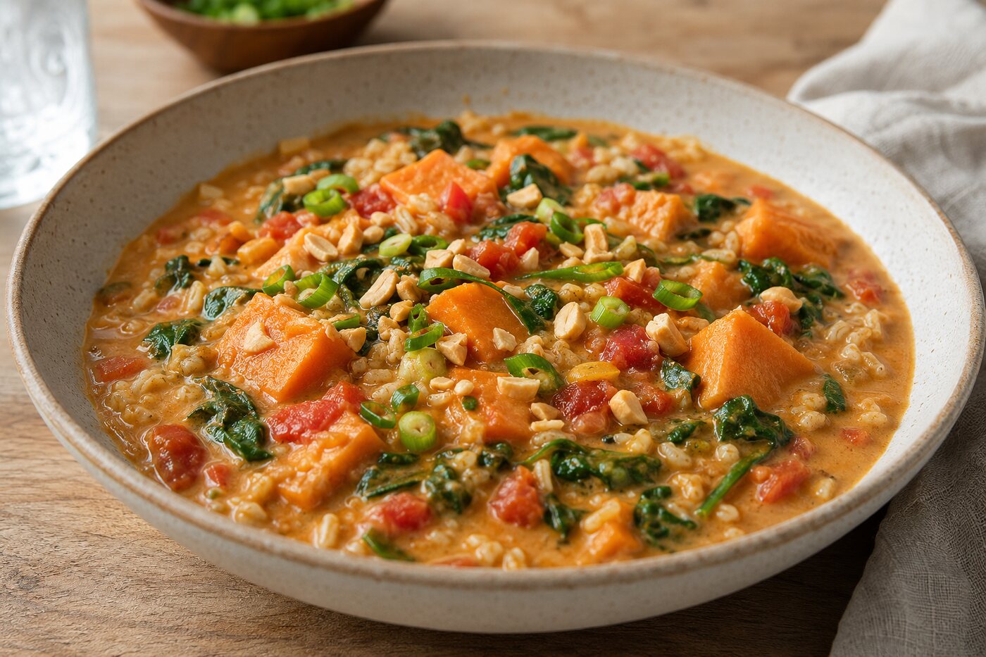 Creamy peanut stew with sweet potato, tomato, brown rice, spinach and chopped peanuts