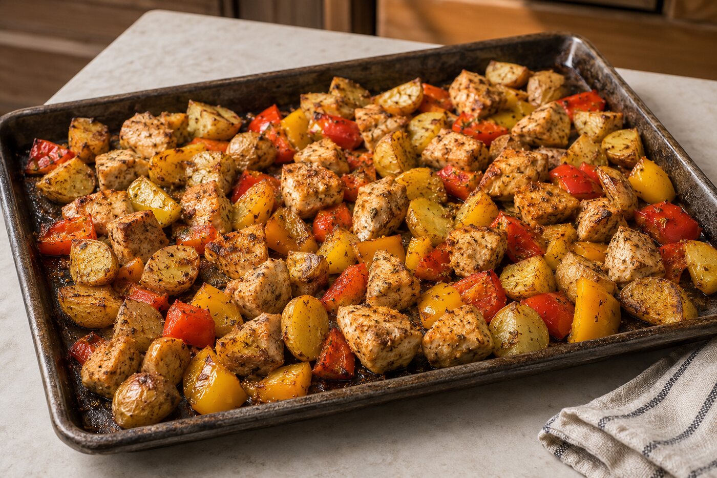 Sheet pan of roasted Cajun chicken, potatoes, and red and yellow bell peppers