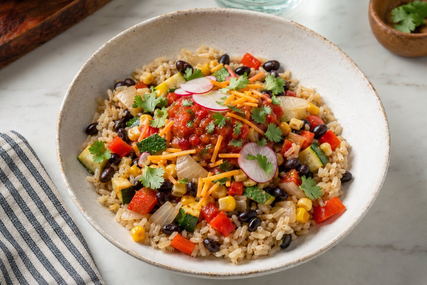 Southwestern brown rice bowl with black beans, corn, peppers, zucchini and salsa
