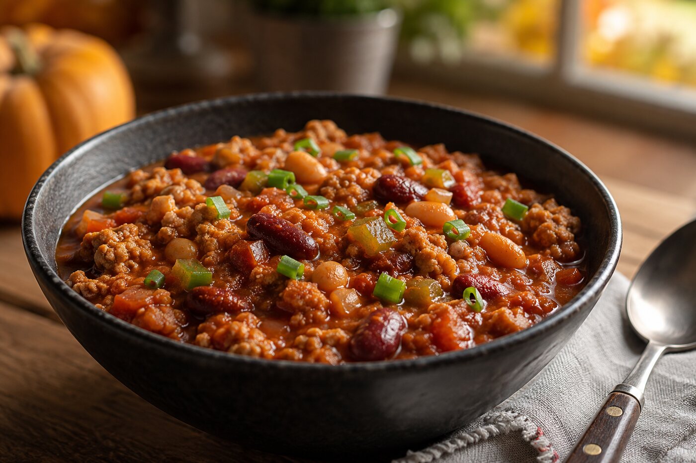 Bowl of thick turkey pumpkin chili with kidney beans, white beans and green pepper