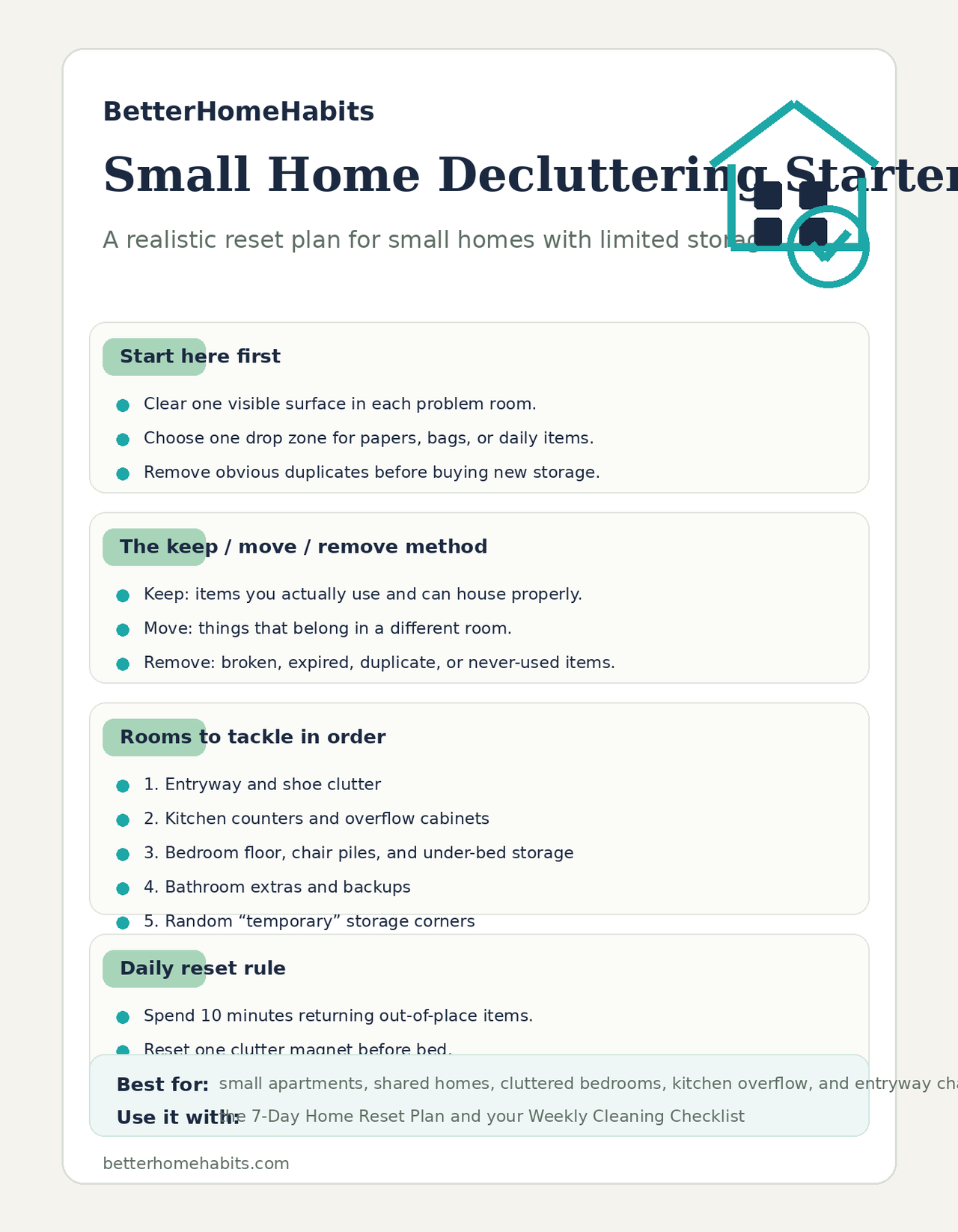 Small home decluttering starter pack checklist