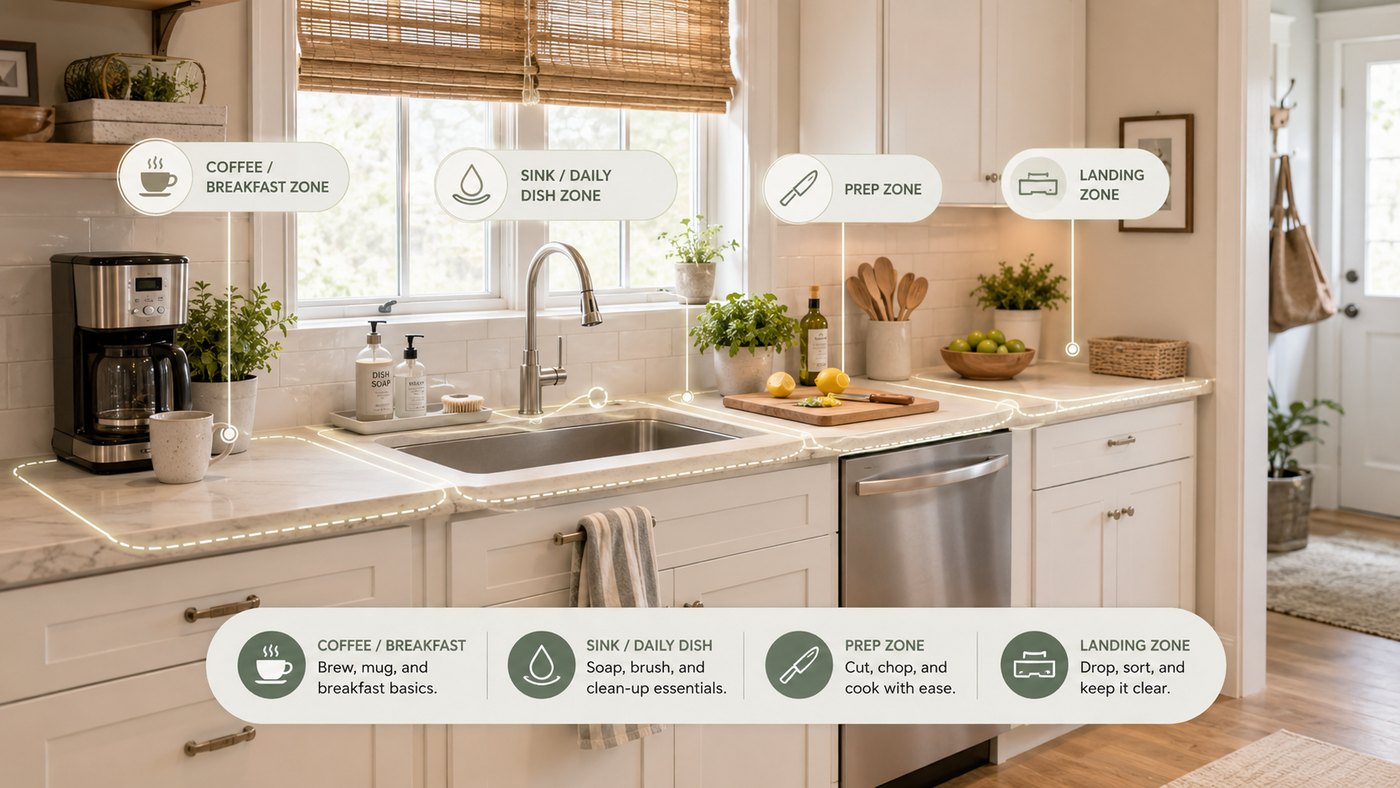Small kitchen counter zones showing coffee area, dish zone, prep zone, and landing zone