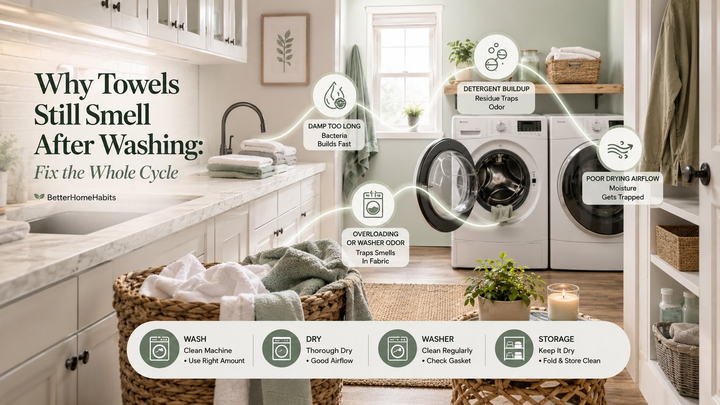 Infographic-style laundry room showing towel odor causes including damp towels, washer odor, detergent buildup, and poor drying airflow