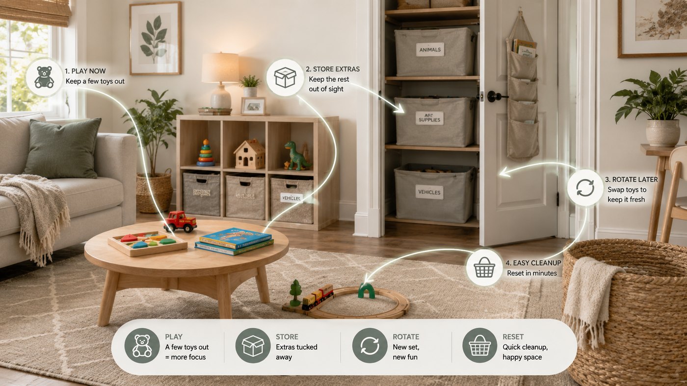 Toy rotation system visual for small homes showing play-now toys, stored extras, rotation bins, and cleanup basket